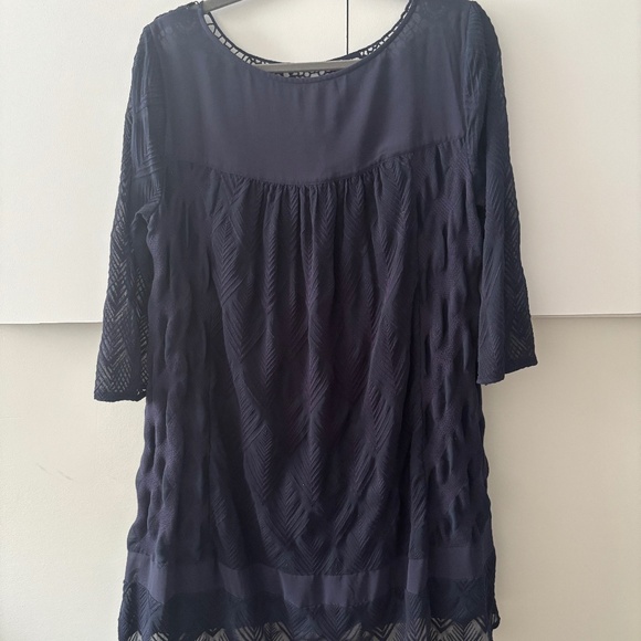 Anthropologie Holding Horses Navy Crochet Agusta Textured Chiffon Swing Dress - Picture 2 of 7